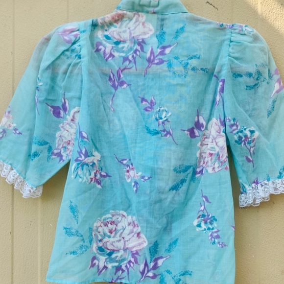 Vintage Cottagecore Puff Sleeve Blue Floral Blouse - Picture 2 of 5